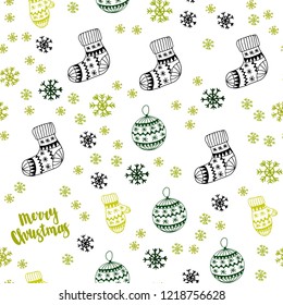 Light Green, Yellow vector seamless template with ice snowflakes, balls, socks, mittens. Glitter abstract illustration with gradient. Design for wallpaper, fabric makers.
