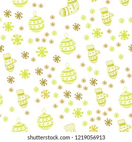 Light Green, Yellow vector seamless background with xmas snowflakes, balls, socks, mittens. Colorful decorative design in xmas style. Texture for window blinds, curtains.