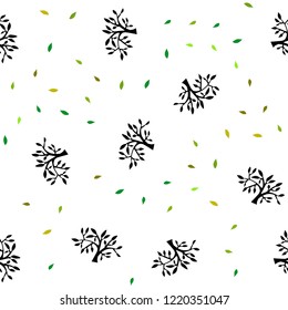 Light Green, Yellow vector seamless elegant pattern with leaves, branches. Decorative design in Indian style on white background. Texture for window blinds, curtains.