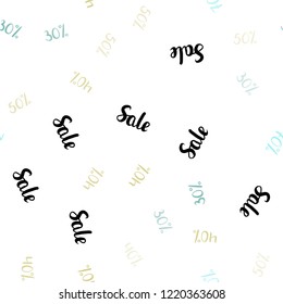 Light Green, Yellow vector seamless texture with selling prices 30, 40, 50, 70 %. Illustration with signs of sales on abstract template. Design for business ads, commercials.