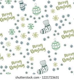 Light Green, Yellow vector seamless background with xmas snowflakes, balls, socks, mittens. Glitter abstract illustration with gradient. Design for wallpaper, fabric makers.