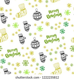 Light Green, Yellow vector seamless background with xmas snowflakes, balls, socks, mittens. Colorful xmas elements with gradient. Design for wallpaper, fabric makers.