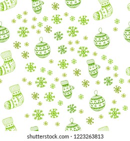 Light Green, Yellow vector seamless template with ice snowflakes, balls, socks, mittens. Glitter abstract illustration with gradient. Texture for window blinds, curtains.