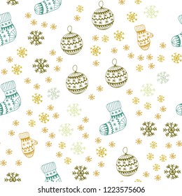 Light Green, Yellow vector seamless background with xmas snowflakes, balls, socks, mittens. Glitter abstract illustration with gradient. Pattern for design of fabric, wallpapers.