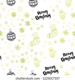 Light Green, Yellow vector seamless cover with beautiful snowflakes, balls, socks, mittens. Modern geometric abstract illustration. Design for textile, fabric, wallpapers.