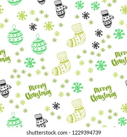 Light Green, Yellow vector seamless cover with beautiful snowflakes, balls, socks, mittens. Colorful illustration with xmas symbols. Pattern for trendy fabric, wallpapers.
