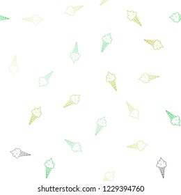 Light Green, Yellow vector seamless pattern with cold ice-cream. Decorative design of ice-cream cones in doodle style. Pattern for ads of breakfast, lunch, dinner.