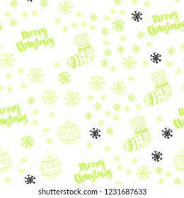 Light Green, Yellow vector seamless cover with beautiful snowflakes, balls, socks, mittens. Shining colorful illustration in christmas style. Template for business cards, websites.