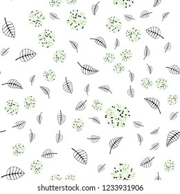 Light Green, Yellow vector seamless natural pattern with leaves, flowers. Leaves, flowers in doodle style on white background. Template for business cards, websites.