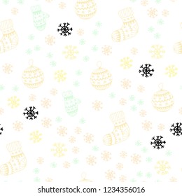 Light Green, Yellow vector seamless layout with bright snowflakes, balls, socks, mittens. Colorful xmas elements with gradient. Template for business cards, websites.