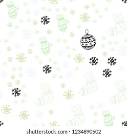 Light Green, Yellow vector seamless template with ice snowflakes, balls, socks, mittens. Glitter abstract illustration with gradient. Texture for window blinds, curtains.