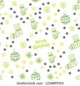 Light Green, Yellow vector seamless texture with colored snowflakes, balls, socks, mittens. Modern geometric abstract illustration. Design for wallpaper, fabric makers.