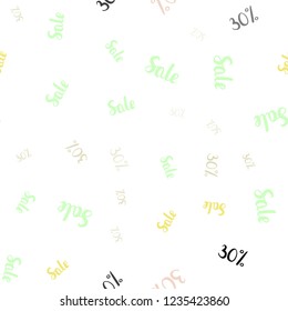Light Green, Yellow vector seamless texture with selling prices 30 %. Abstract illustration with colorful gradient symbols of sales. Backdrop for ads, leaflets of Black Friday.
