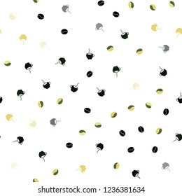 Light Green, Yellow vector seamless cover with set of coffee beans. Gradient illustration with coffee beans, tea cups. Pattern for menu of cafes and restaurants.