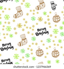 Light Green, Yellow vector seamless cover with beautiful snowflakes, balls, socks, mittens. Modern geometric abstract illustration. Texture for window blinds, curtains.