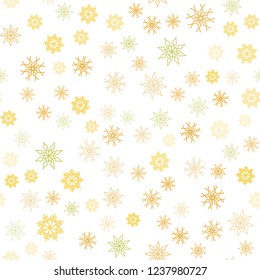 Light Green, Yellow vector seamless background with xmas snowflakes. Modern geometrical abstract illustration with crystals of ice. Trendy design for wallpaper, fabric makers.