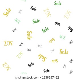 Light Green, Yellow vector seamless texture with selling prices 30 %. Colored words of sales with gradient on white background. Backdrop for mega promotions, discounts.