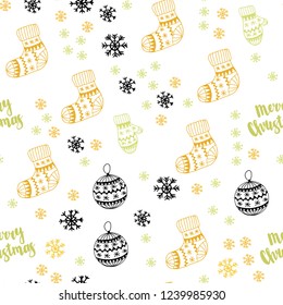 Light Green, Yellow vector seamless texture with colored snowflakes, balls, socks, mittens. Glitter abstract illustration with gradient. Template for business cards, websites.