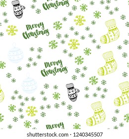 Light Green, Yellow vector seamless background with xmas snowflakes, balls, socks, mittens. Modern geometric abstract illustration. Design for wallpaper, fabric makers.