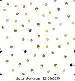 Light Green, Yellow vector seamless layout with coffee set. Colorful illustration with gradient coffee beans, mugs. Template of a black hot beverage in a cafe.