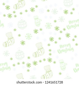 Light Green, Yellow vector seamless layout with bright snowflakes, balls, socks, mittens. Glitter abstract illustration with gradient. Texture for window blinds, curtains.