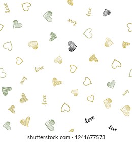 Light Green, Yellow vector seamless pattern with phrase LOVE YOU, hearts. Design in doodle style with text LOVE YOU, hearts. Template for business cards, websites.