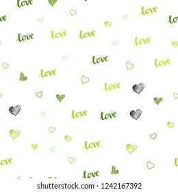 Light Green, Yellow vector seamless template with text LOVE YOU, hearts. Illustration with phrase LOVE YOU, hearts for valentine's day. Pattern for trendy fabric, wallpapers.