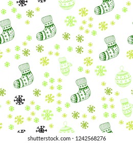 Light Green, Yellow vector seamless background with xmas snowflakes, balls, socks, mittens. Colorful illustration with xmas symbols. Texture for window blinds, curtains.