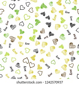 Light Green, Yellow vector seamless template with text LOVE YOU, hearts. Colorful illustration with quote LOVE YOU, hearts. Design for textile, fabric, wallpapers.