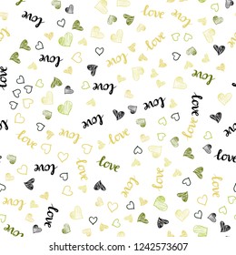 Light Green, Yellow vector seamless texture with words LOVE YOU, hearts. Illustration with phrase LOVE YOU, hearts for valentine's day. Template for business cards, websites.
