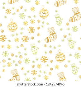 Light Green, Yellow vector seamless texture with colored snowflakes, balls, socks, mittens. Colorful xmas elements with gradient. Design for textile, fabric, wallpapers.