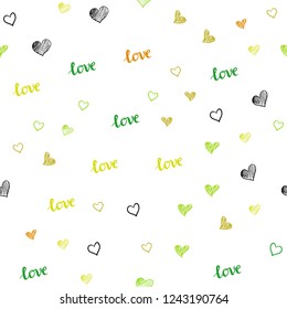 Light Green, Yellow vector seamless texture with words LOVE YOU, hearts. Colorful gradient phrase LOVE YOU, hearts in abstract style. Template for business cards, websites.
