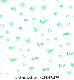 Light Green, Yellow vector seamless pattern with phrase LOVE YOU, hearts. Colorful illustration with quote LOVE YOU, hearts. Pattern for design of fabric, wallpapers.