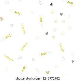 Light Green, Yellow vector seamless texture with lovely hearts. Blurred decorative design in doodle style with hearts. Pattern can be used for valentine's ad, booklets.