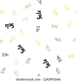 Light Green, Yellow vector seamless background with 30, 40, 50 % signs of sales. Shining colorful illustration with isolated selling prices. Backdrop for mega promotions, discounts.