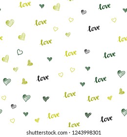 Light Green, Yellow vector seamless pattern with phrase LOVE YOU, hearts. Colorful illustration with quote LOVE YOU, hearts. Design for wallpaper, fabric makers.