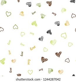 Light Green, Yellow vector seamless texture with words LOVE YOU, hearts. Colorful gradient phrase LOVE YOU, hearts in abstract style. Texture for window blinds, curtains.