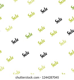 Light Green, Yellow vector seamless cover with symbols of sales. Colored words of sales with gradient on white background. Backdrop for mega promotions, discounts.