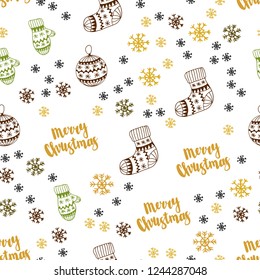 Light Green, Yellow vector seamless cover with beautiful snowflakes, balls, socks, mittens. Colorful decorative design in xmas style. Texture for window blinds, curtains.