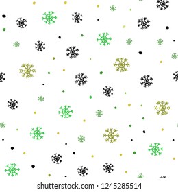 Light Green, Yellow vector seamless background with xmas snowflakes. Shining colorful illustration with snow on abstract template. Trendy design for wallpaper, fabric makers.