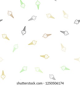 Light Green, Yellow vector seamless pattern with cold ice-cream. Decorative design of ice-cream cones in doodle style. Template of a black hot beverage in a cafe.