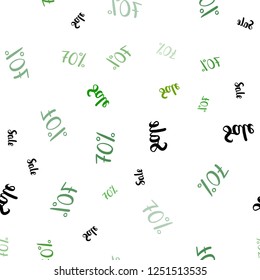 Light Green, Yellow vector seamless texture with selling prices 70 %. Colorful set of  percentage signs in simple style. Template for season sales, shopping ads.