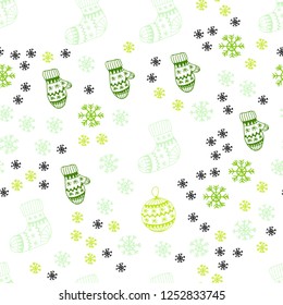 Light Green, Yellow vector seamless cover with beautiful snowflakes, balls, socks, mittens. Modern geometric abstract illustration. Pattern for trendy fabric, wallpapers.