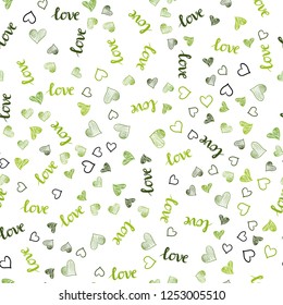Light Green, Yellow vector seamless background with words of love, hearts. Illustration with words of love, hearts in abstract style. Template for business cards, websites.