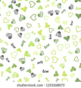 Light Green, Yellow vector seamless texture with words LOVE YOU, hearts. Colorful illustration with quote LOVE YOU, hearts. Design for textile, fabric, wallpapers.