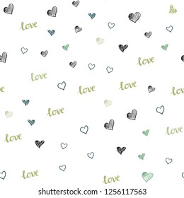 Light Green, Yellow vector seamless cover with quote LOVE YOU, hearts. Romantic illustration with colorful phrase LOVE YOU, hearts. Template for business cards, websites.