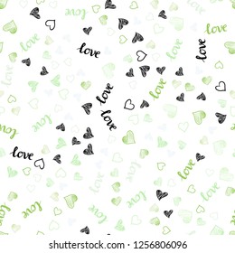 Light Green, Yellow vector seamless pattern with phrase LOVE YOU, hearts. Illustration with words of love, hearts in abstract style. Texture for window blinds, curtains.
