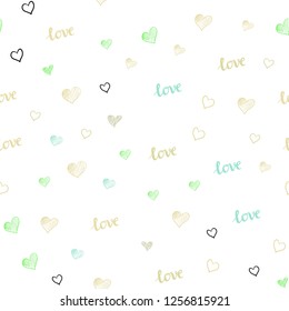 Light Green, Yellow vector seamless background with words of love, hearts. Illustration with words of love, hearts in abstract style. Template for business cards, websites.