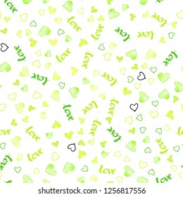 Light Green, Yellow vector seamless texture with words LOVE YOU, hearts. Romantic illustration with colorful phrase LOVE YOU, hearts. Pattern for design of fabric, wallpapers.
