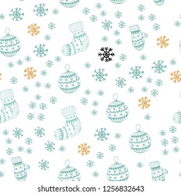 Light Green, Yellow vector seamless layout with bright snowflakes, balls, socks, mittens. Colorful decorative design in xmas style. Pattern for design of fabric, wallpapers.